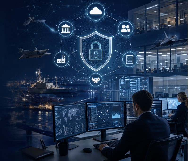 Cybersecurity analyst at a computer protected by a digital security shield